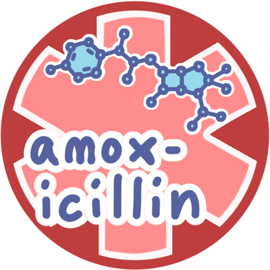 a red circle with a large medical alert asterisk inside it, and pictured in the centre is the label amoxicillin and the molecular symbol for it.